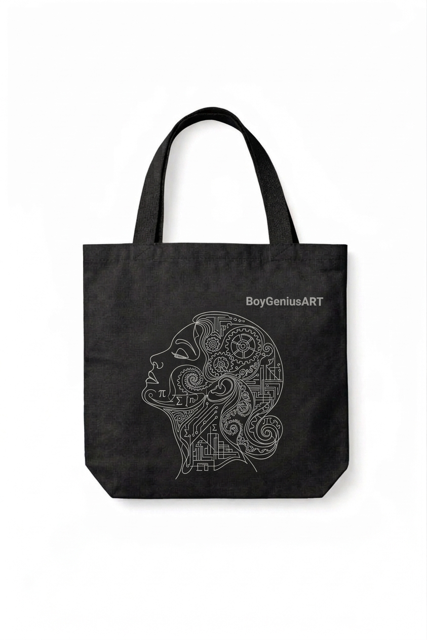 BoyGeniusART Black Tote Bag – Abstract Line Face Design (Copy)